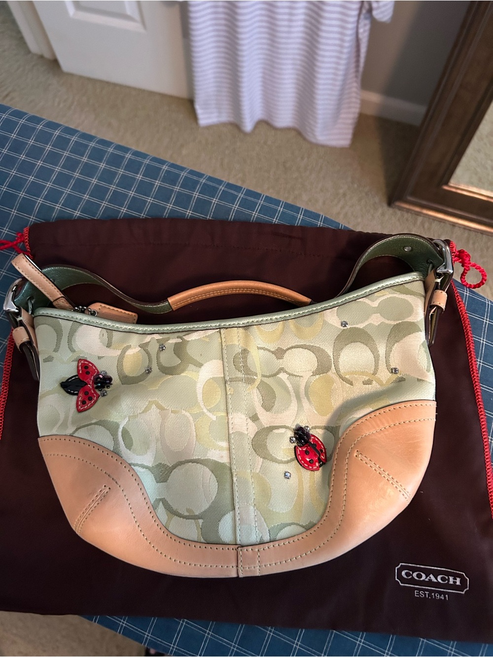 Coach Signature Hobo with Red Ladybug Accents — Green and Tan - Picture 5 of 6